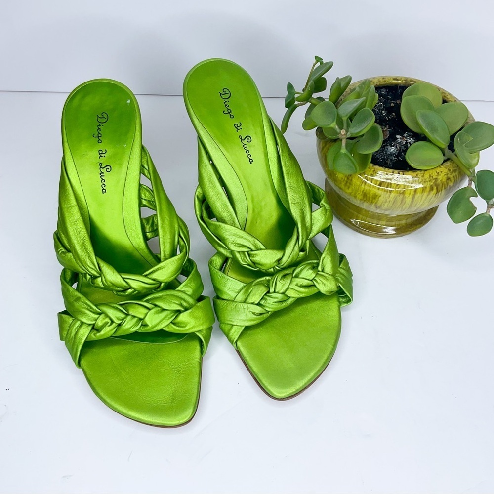 DIEGO DI LUCCA Green Leather Sandals | Metallic Braided Heels | Size 9 - Picture 6 of 8